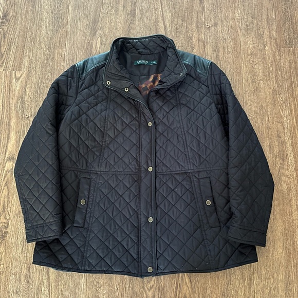 Lauren Ralph Lauren Black Quilted Jacket Size 1X Faux Leather Shoulder Patches - Picture 1 of 7